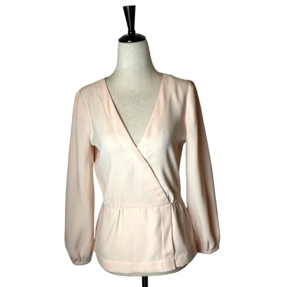 J. Crew Pale Pink Surplice V Neckline Puff Blouson Sleeve Peplum Blouse Size 0‎